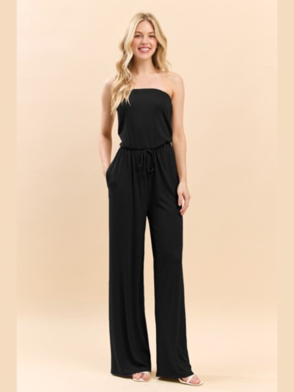 Boutique Strapless Wide Leg Jumpsuit Black Flowy Lounge Pants S M L
